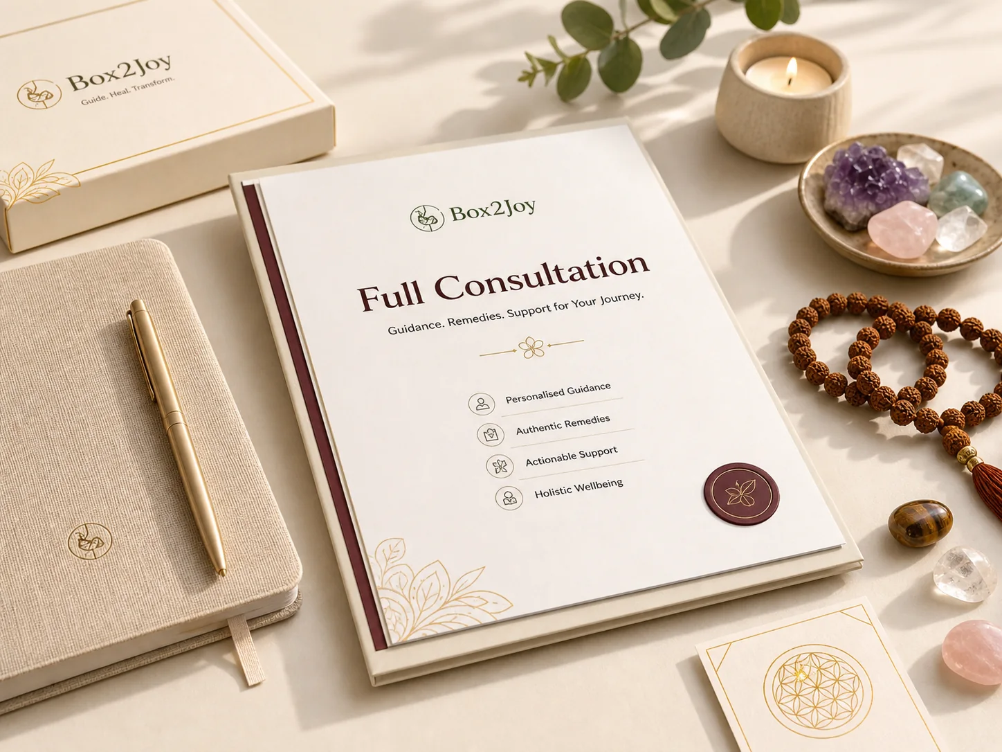 A calm Full Consultation report desk setup with crystals, notebook and candle