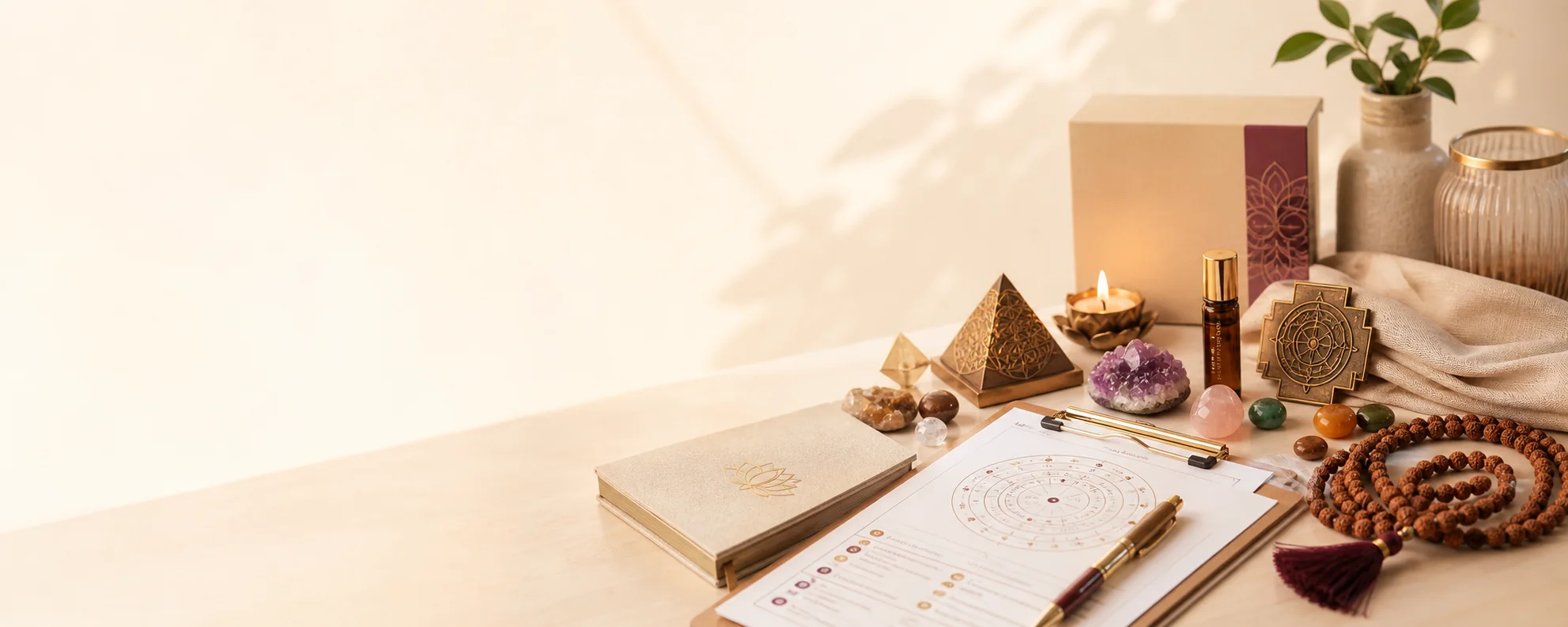 Box2Joy consultation report, Rudraksha beads, crystals, Vastu pyramid and aromatherapy setup
