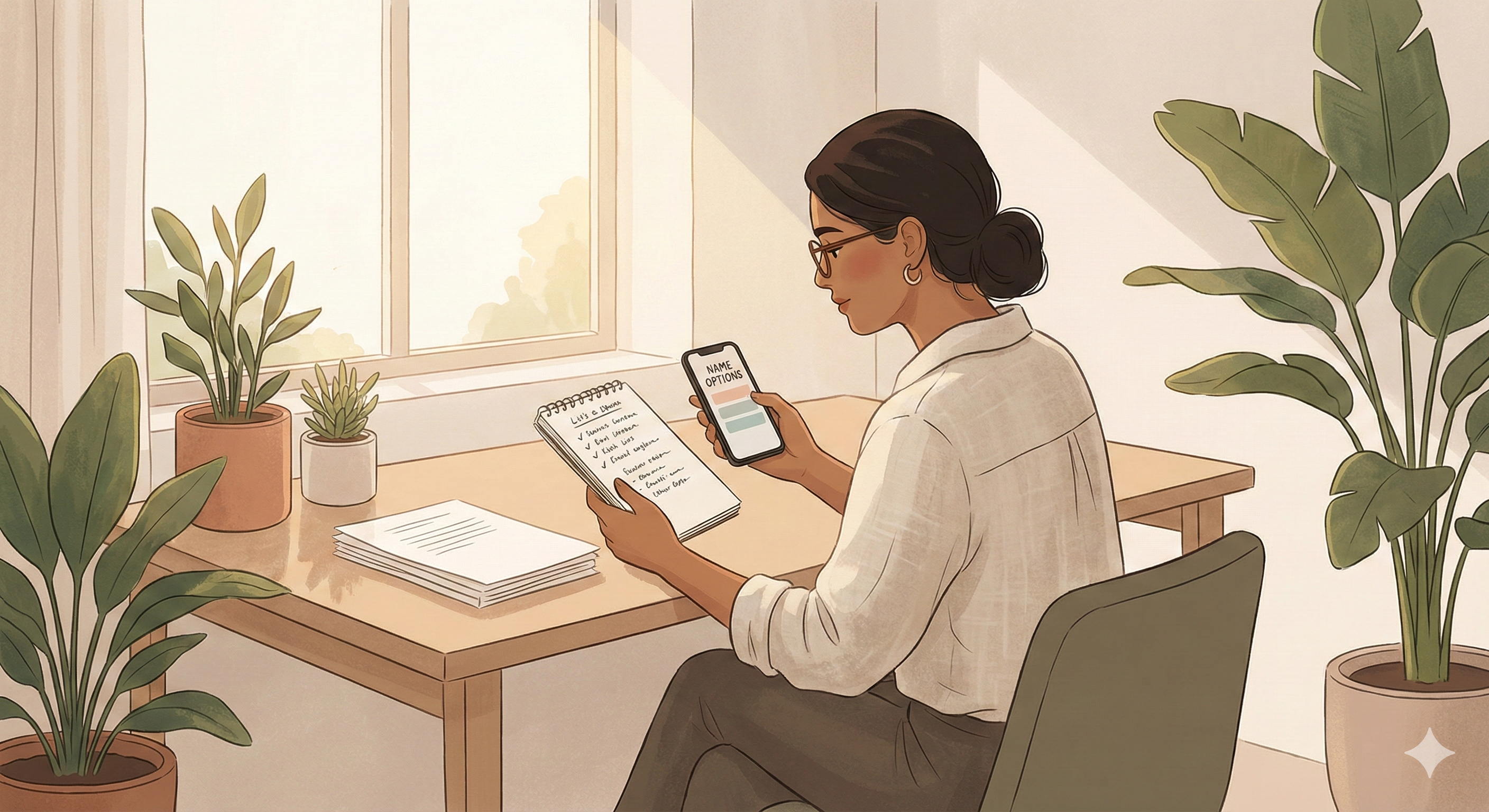 Person reviewing name guidance in a calm workspace