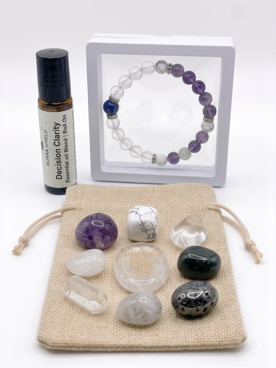 Decision Clarity guided energy support kit with bracelet, stones, pouch, and roll-on