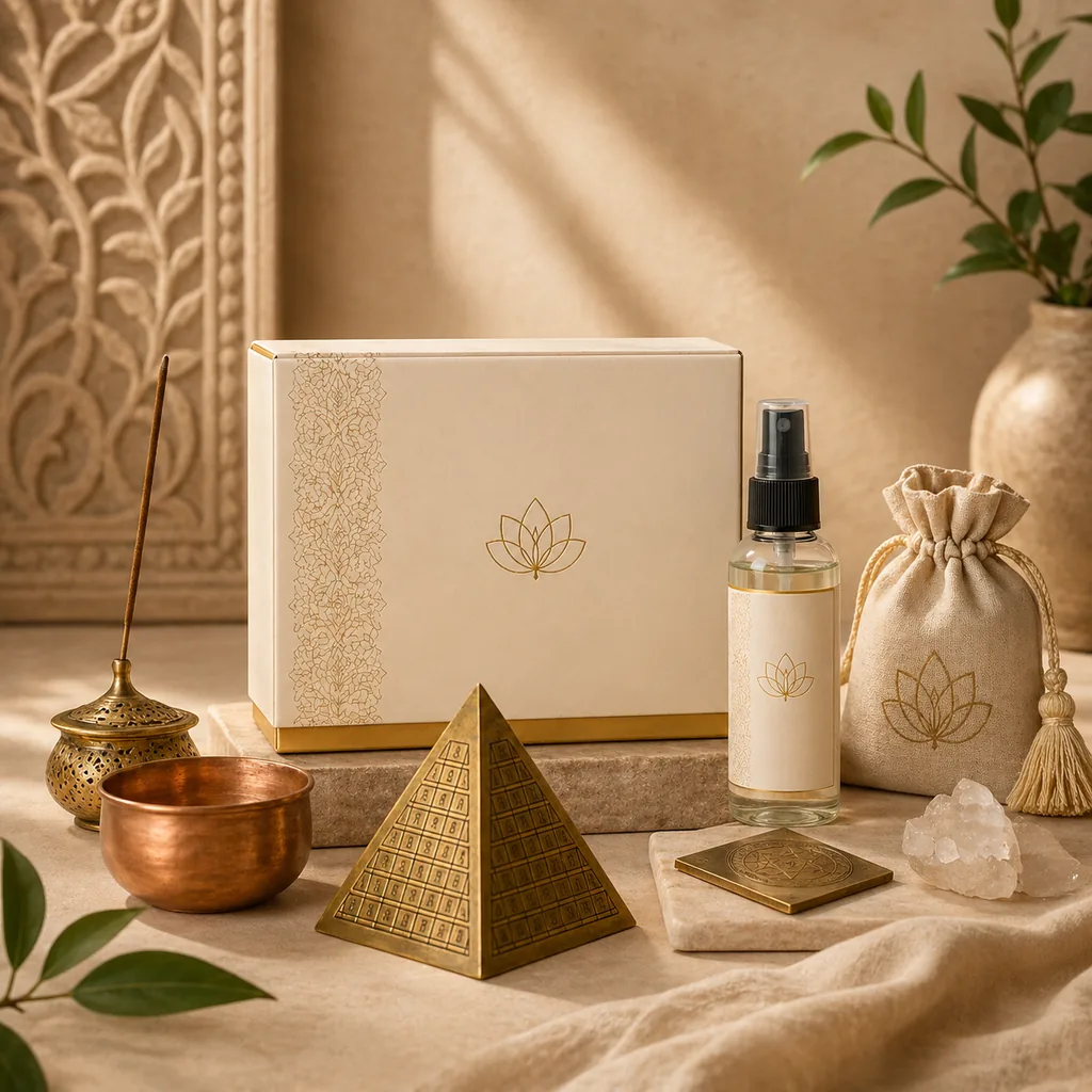 Vastu remedy products with brass, copper, and cleansing essentials